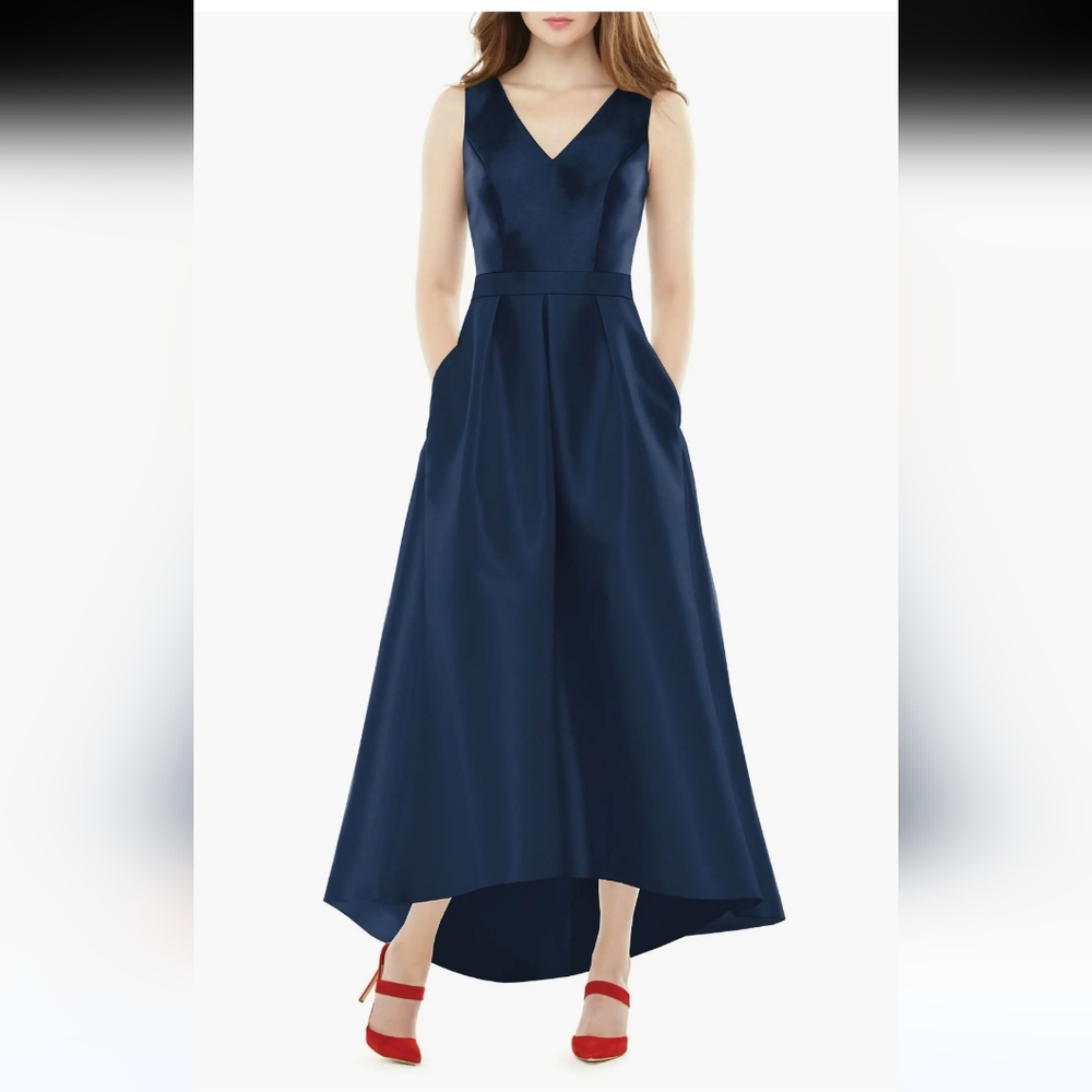 Alfred Sung Navy Blue High Low Satin Gown, Size 14